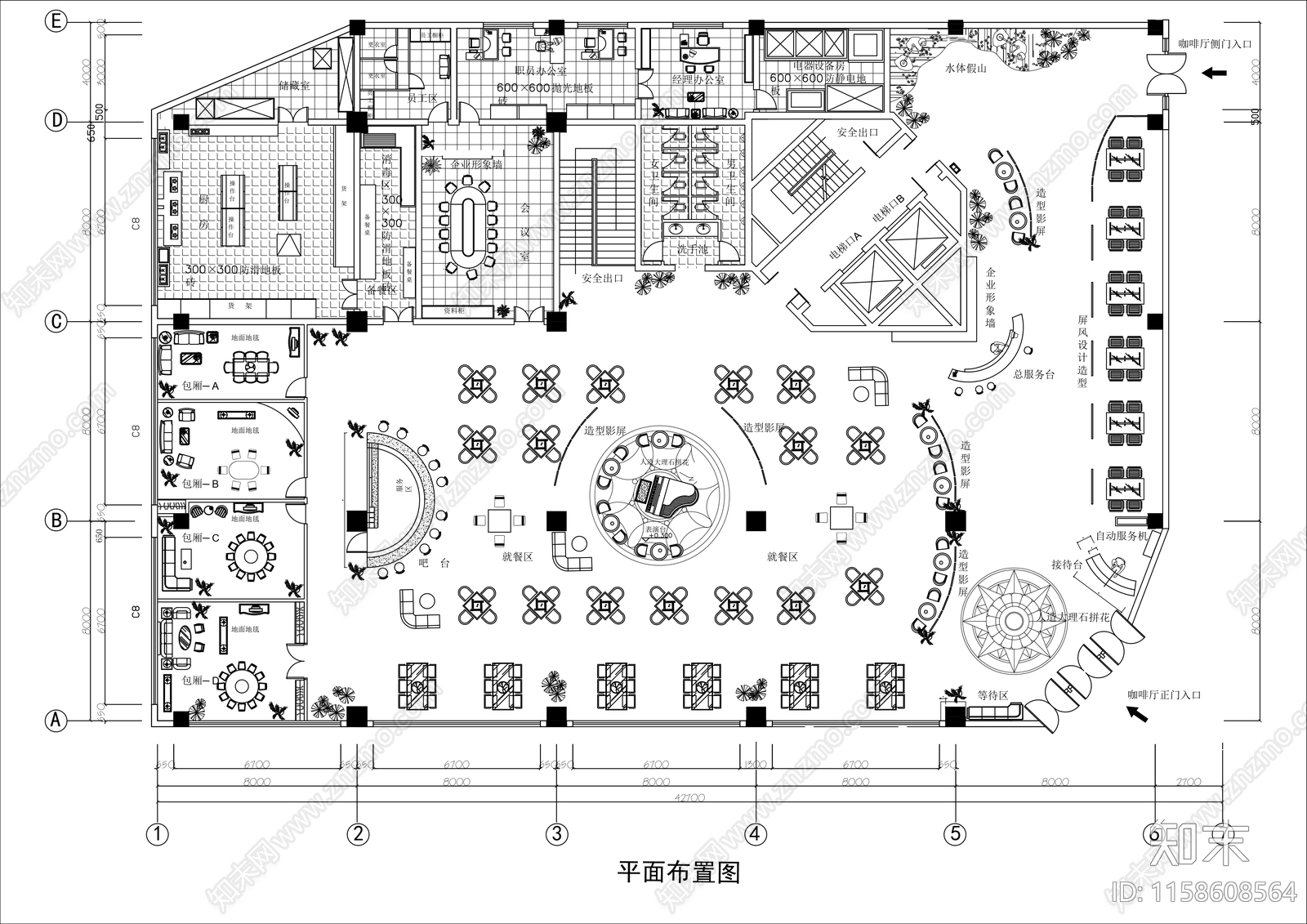 1000㎡咖啡馆平面布置图施工图下载【ID:1158608564】