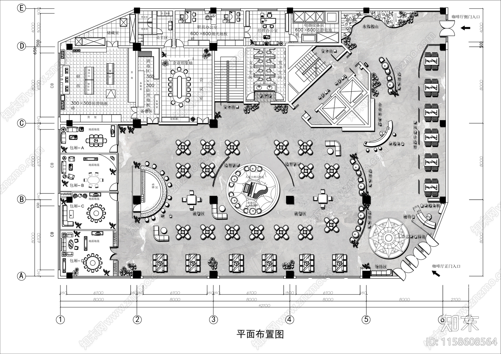 1000㎡咖啡馆平面布置图施工图下载【ID:1158608564】