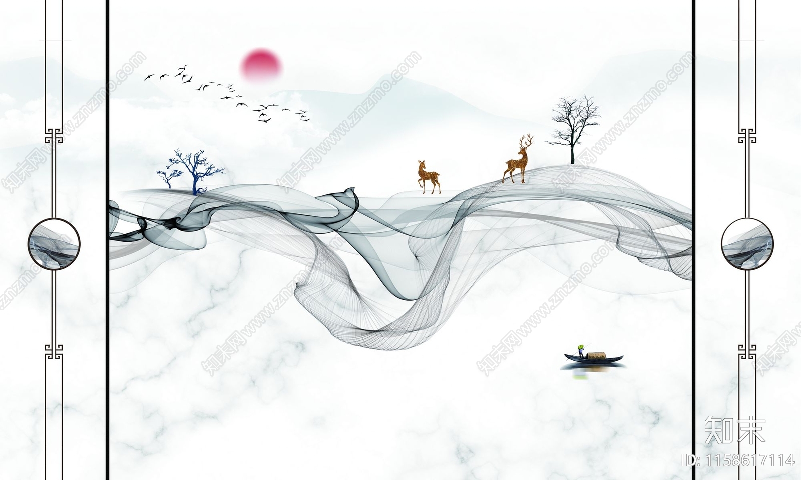 新中式大理石锦带线条丝锦背景墙贴图下载【ID:1158617114】