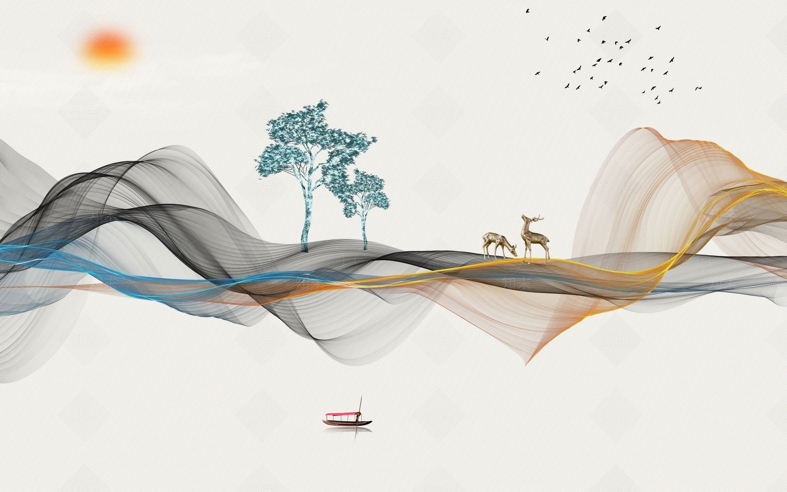 新中式大理石锦带线条丝锦背景墙贴图下载【ID:1158618087】