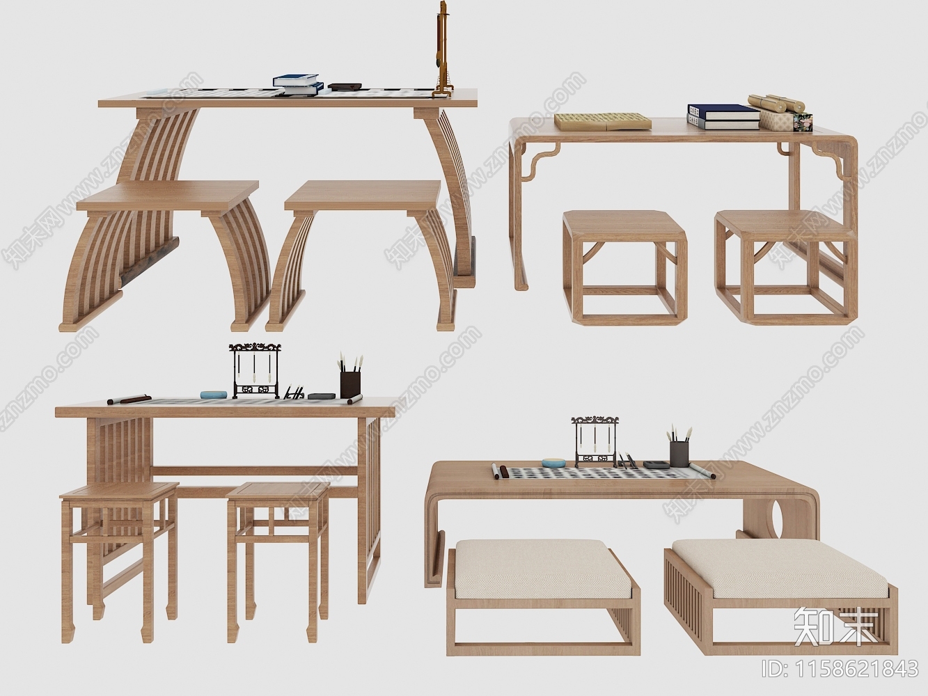 新中式书桌椅组合SU模型下载【ID:1158621843】