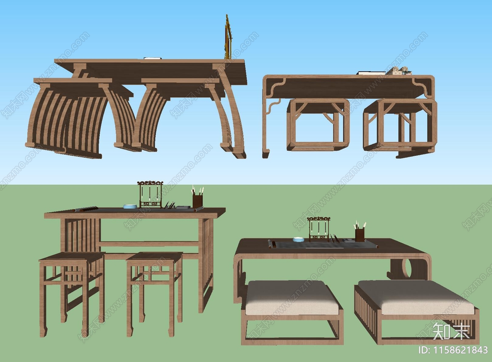 新中式书桌椅组合SU模型下载【ID:1158621843】