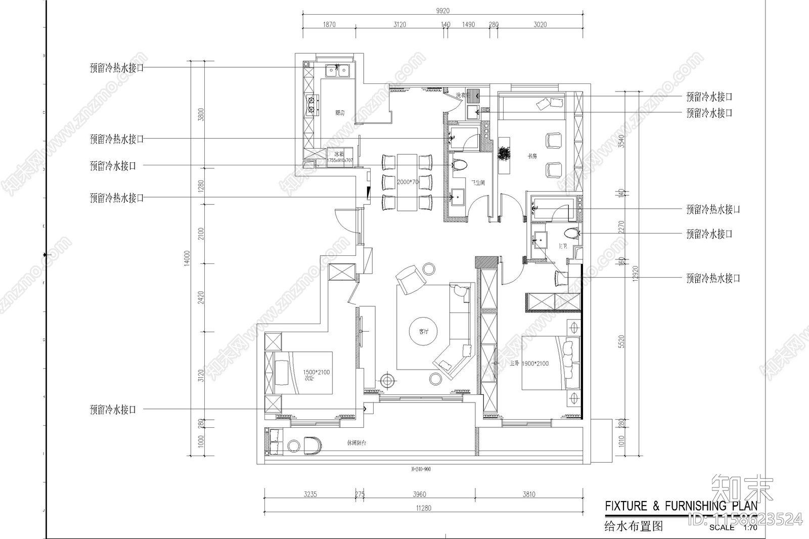 家装室内设计装修设计水电平面图空调灯具定位施工图下载【ID:1158623524】