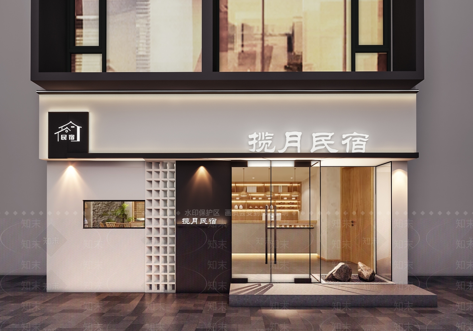 现代夜景民宿门面SU模型下载【ID:1158625165】