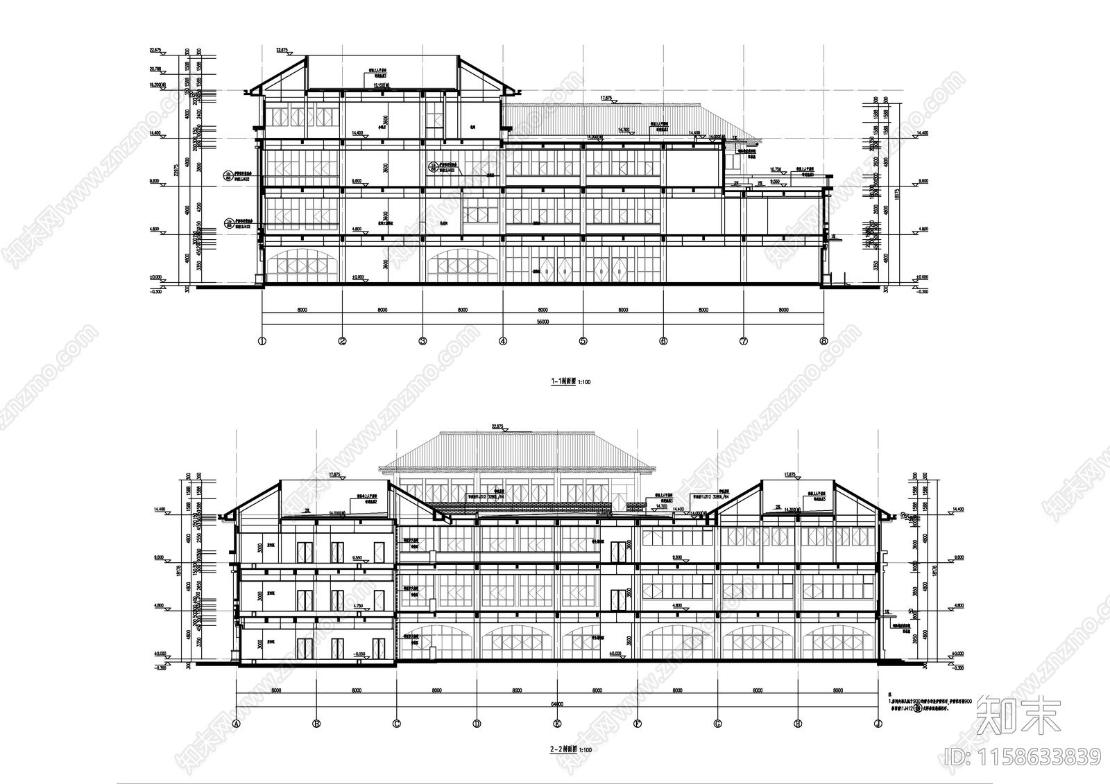 新中式风格大学三层局部四层食堂建cad施工图下载【ID:1158633839】