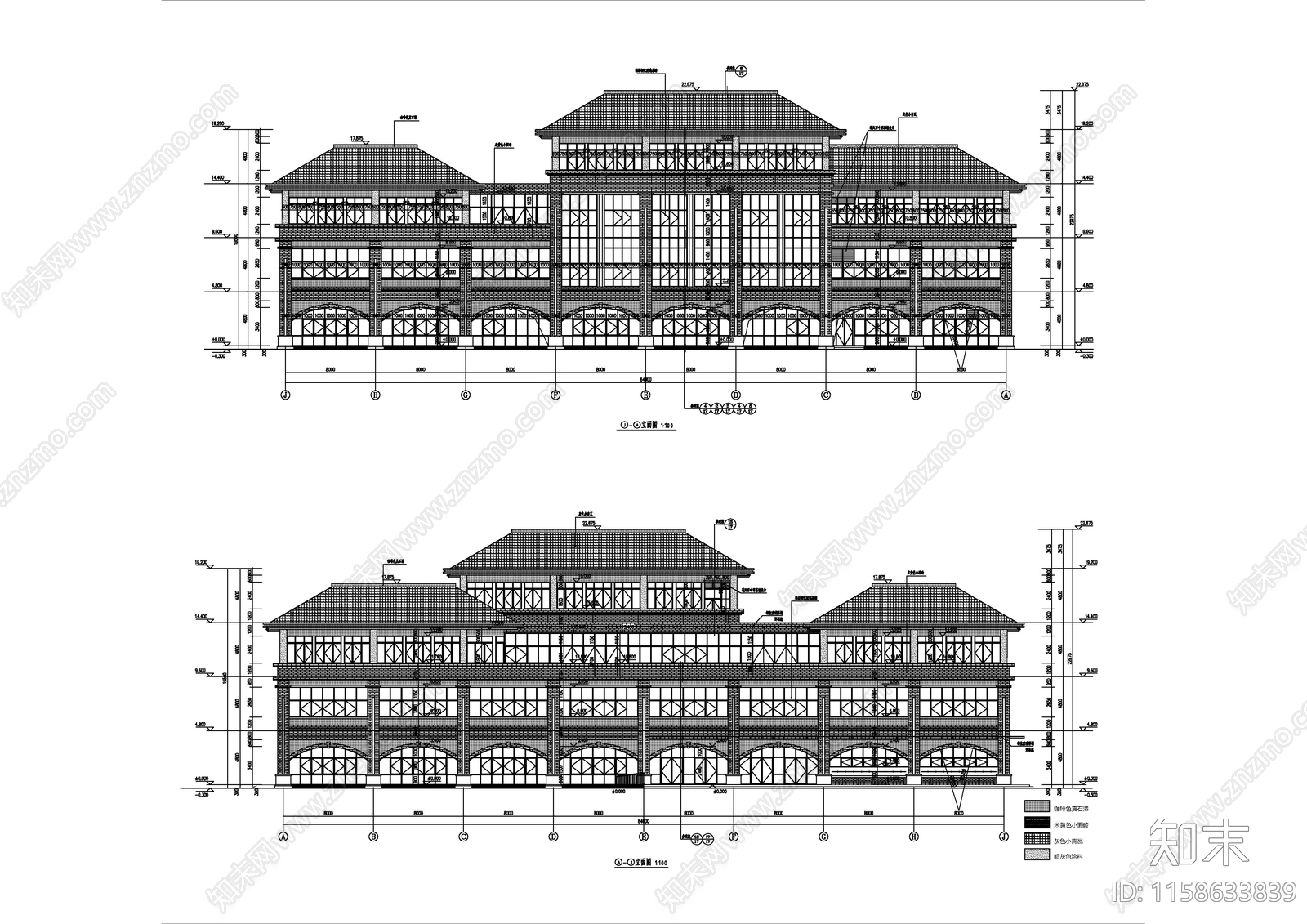 新中式风格大学三层局部四层食堂建cad施工图下载【ID:1158633839】