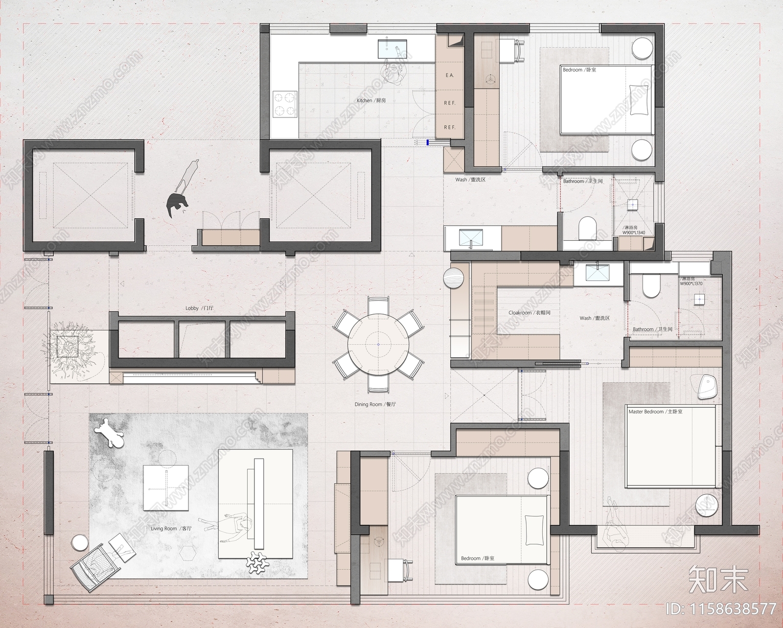 120平米户型样板房平面布置图施工图下载【ID:1158638577】