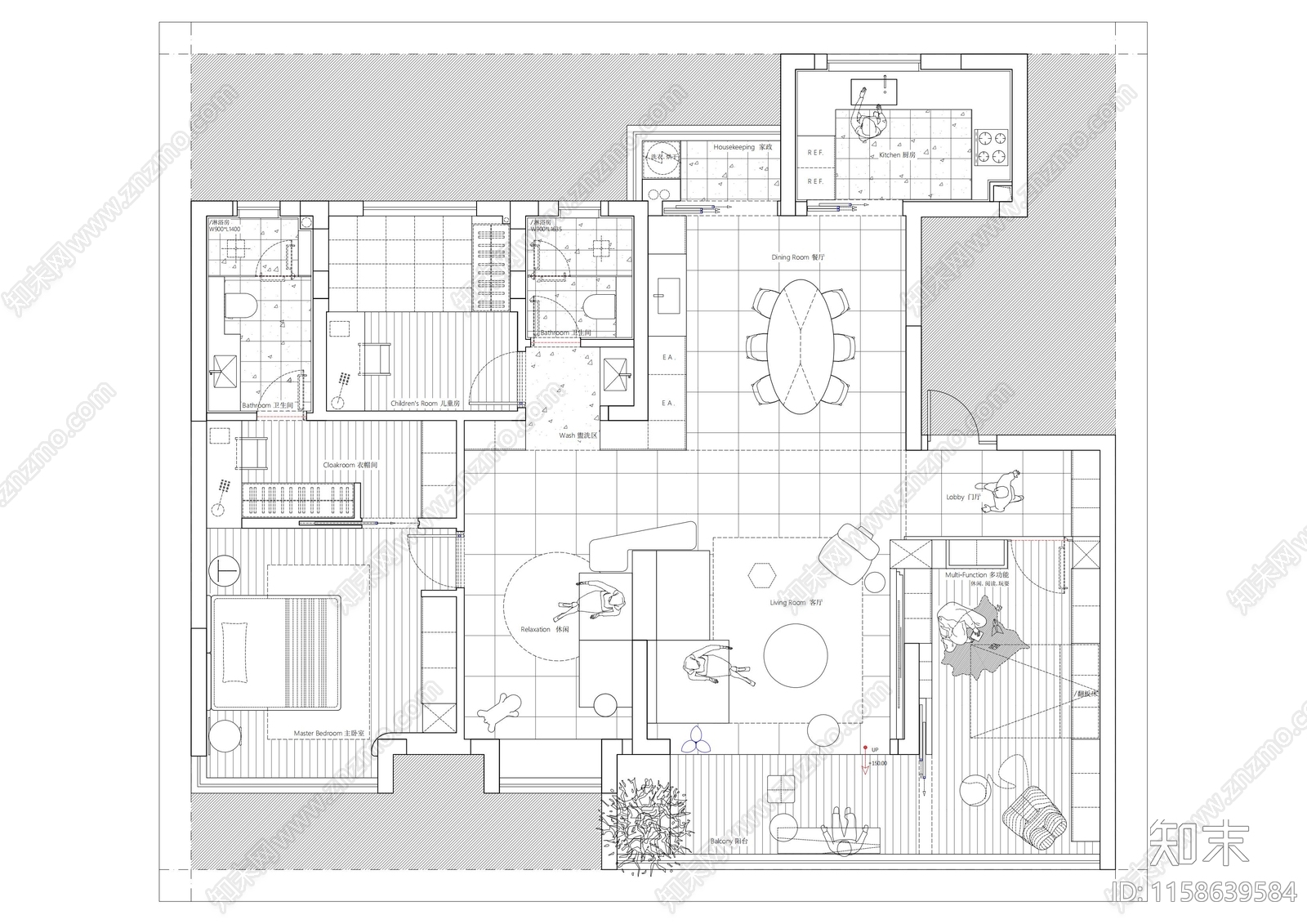 122平米户型样板房平面布置图cad施工图下载【ID:1158639584】