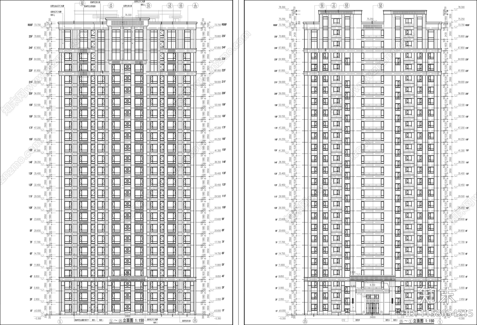 古典风格高层住宅楼平立剖面图cad施工图下载【ID:1158654215】