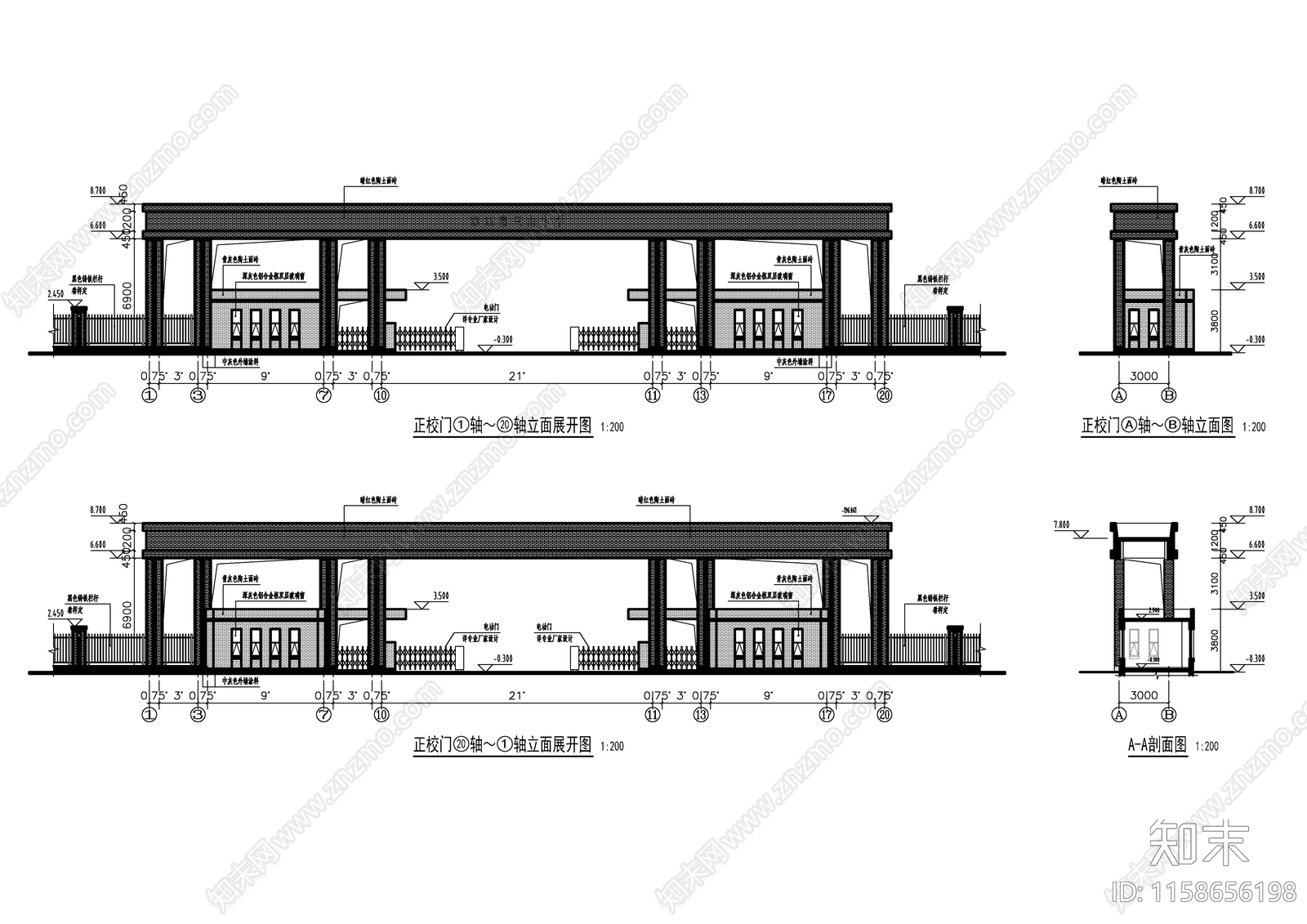学校门卫大门建筑图施工图下载【ID:1158656198】