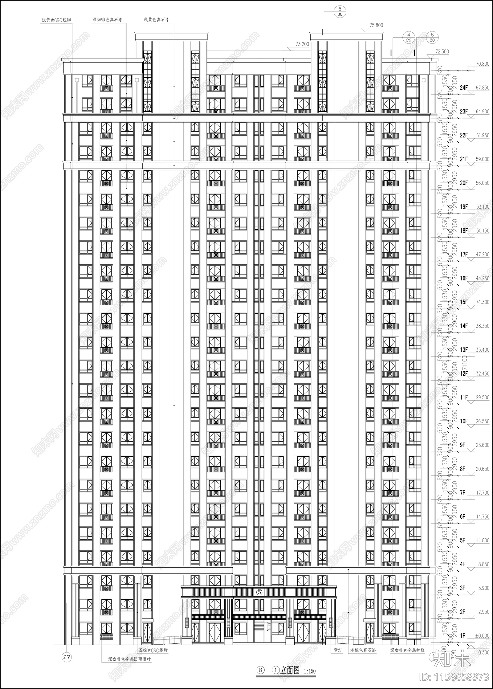 古典风格高层住宅楼平立面图cad施工图下载【ID:1158658973】