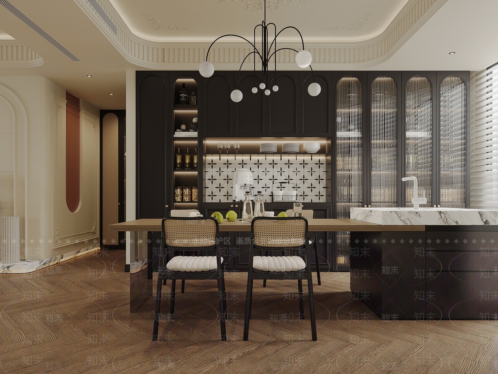 深色玻璃门餐边柜家居餐厅3D模型下载【ID:1227554779】