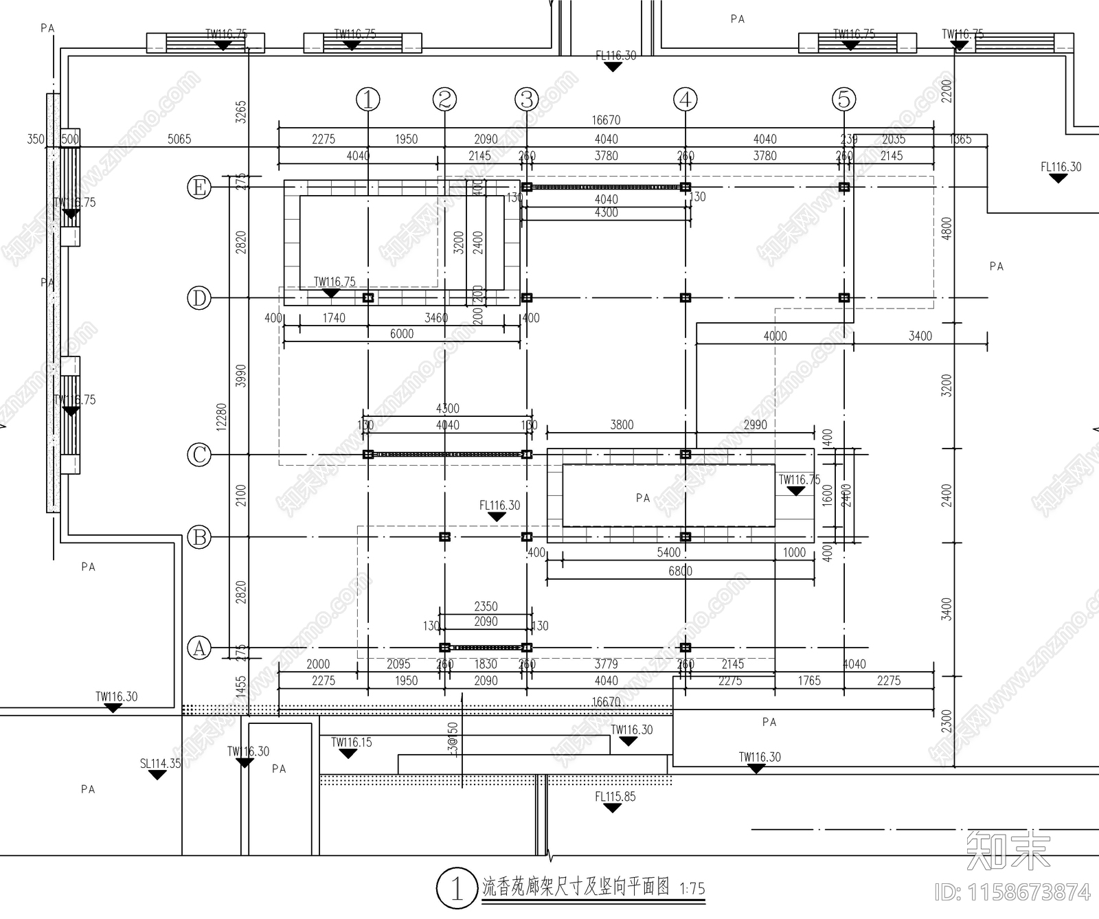 新中式钢结构铝板廊架cad施工图下载【ID:1158673874】