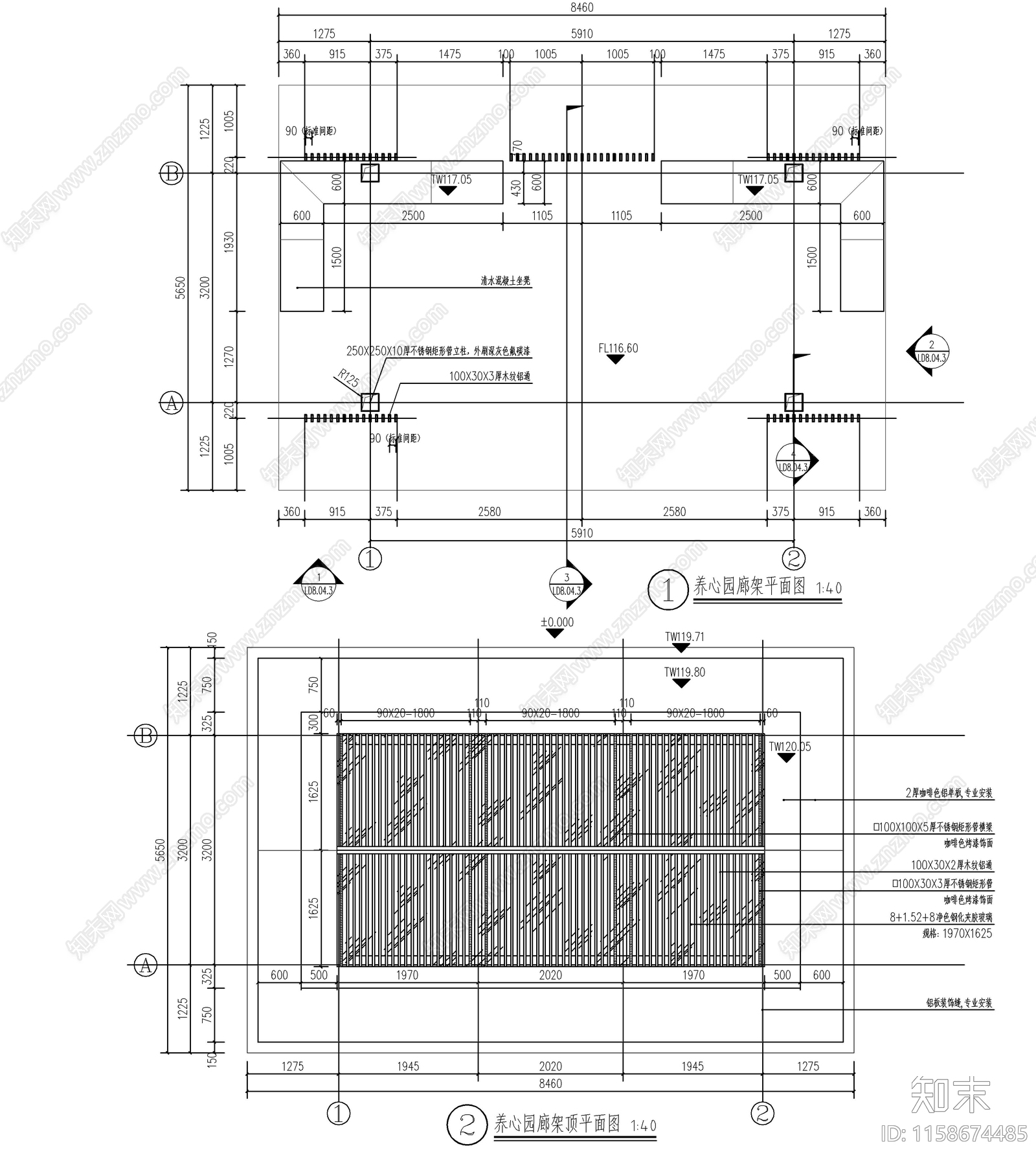 新中式钢结构铝板廊架cad施工图下载【ID:1158674485】