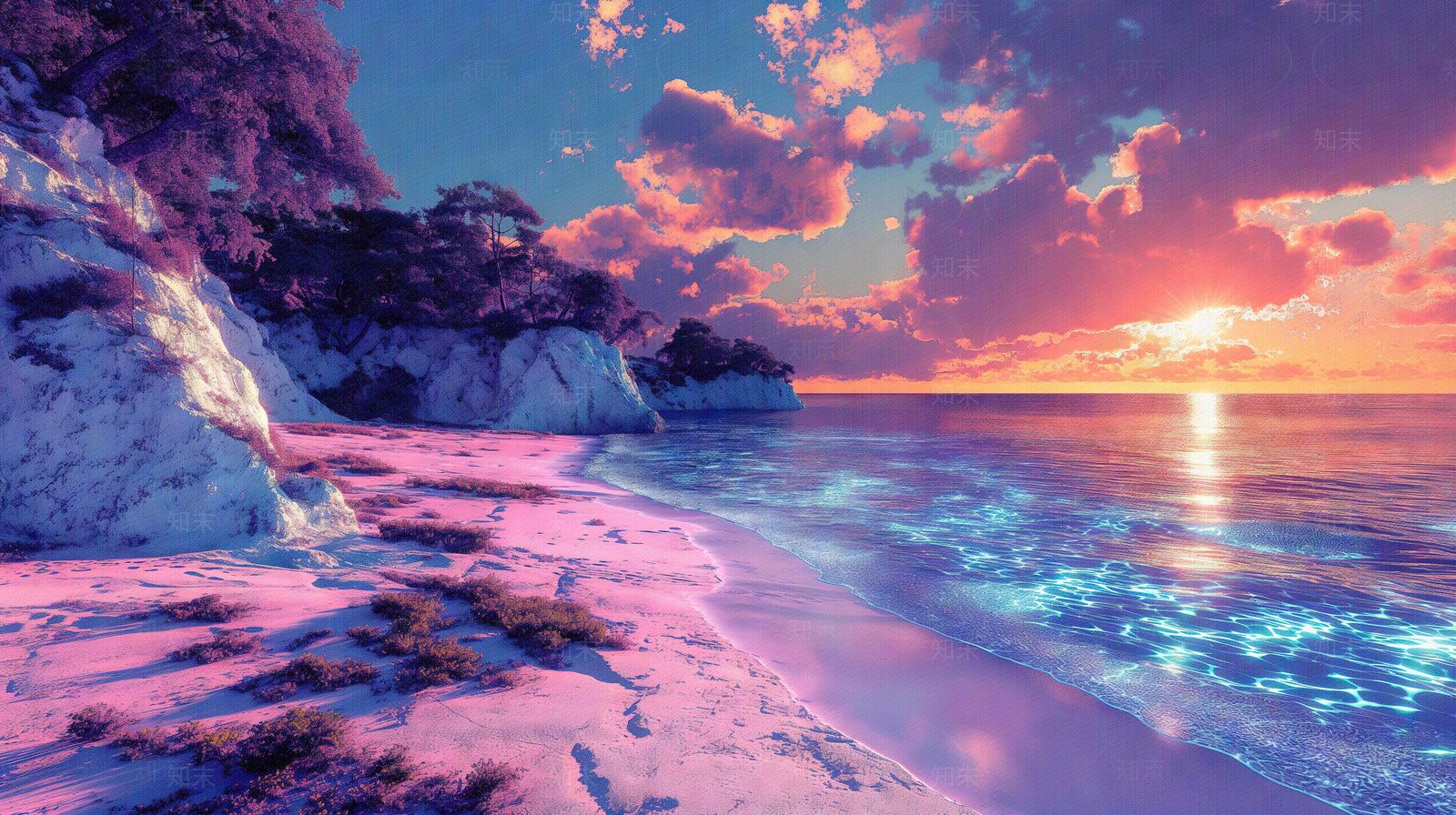 绚丽黄昏发光海滩自然风景贴图下载【ID:1158681573】