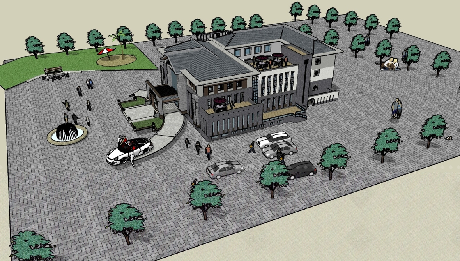 新中式商业建筑SU模型下载【ID:1158687899】
