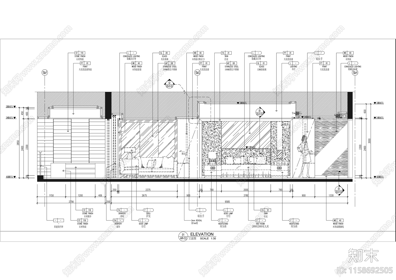 国际度假酒店豪华大床房室内精装修cad施工图下载【ID:1158692505】