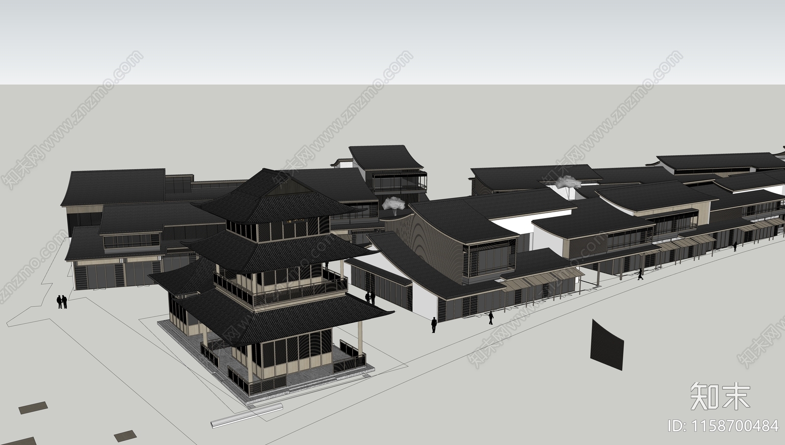 黄酒小镇新中式商业街SU模型下载【ID:1158700484】
