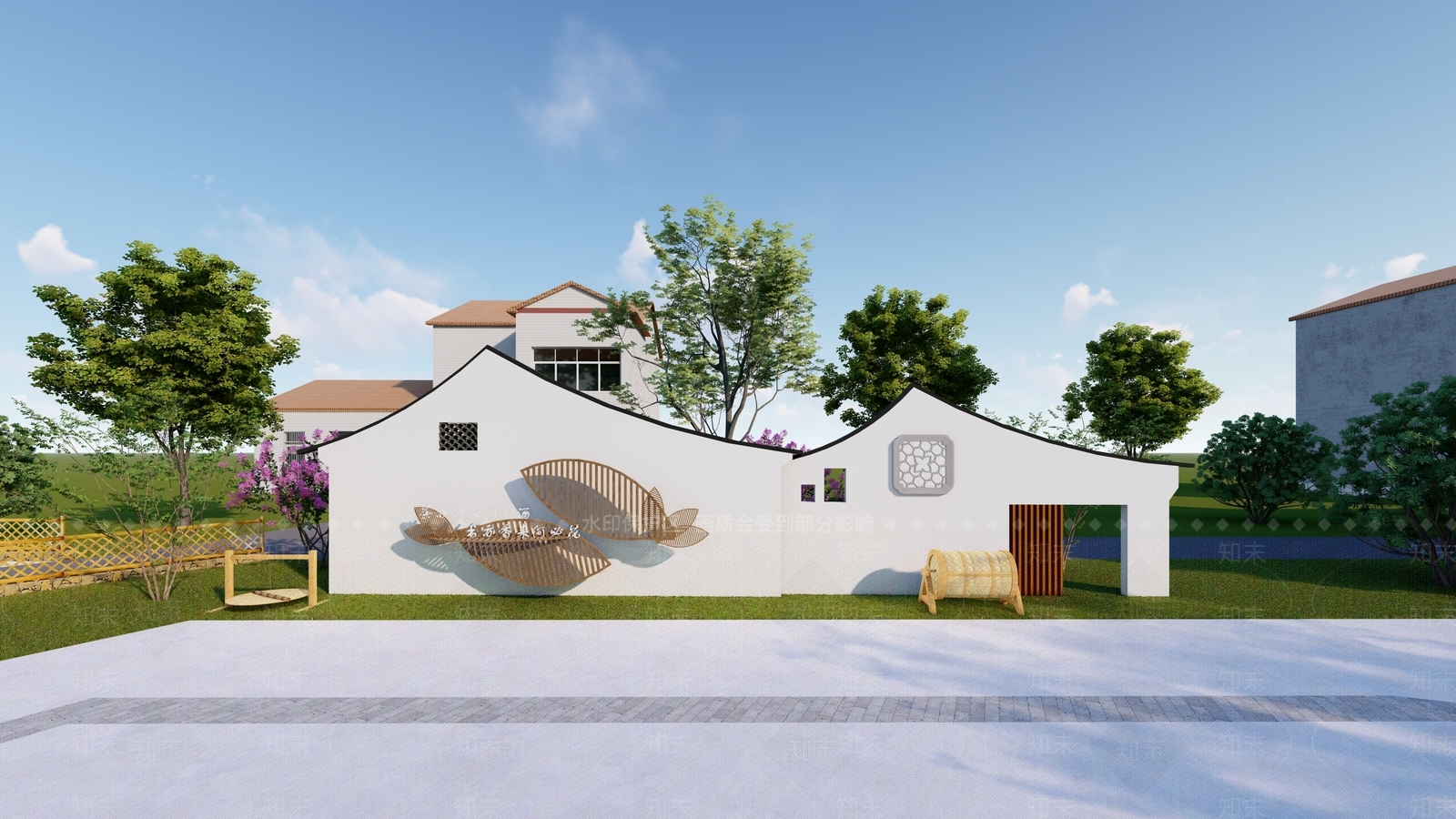 新中式乡村居民活动广场景墙设计SU模型下载【ID:1158705397】