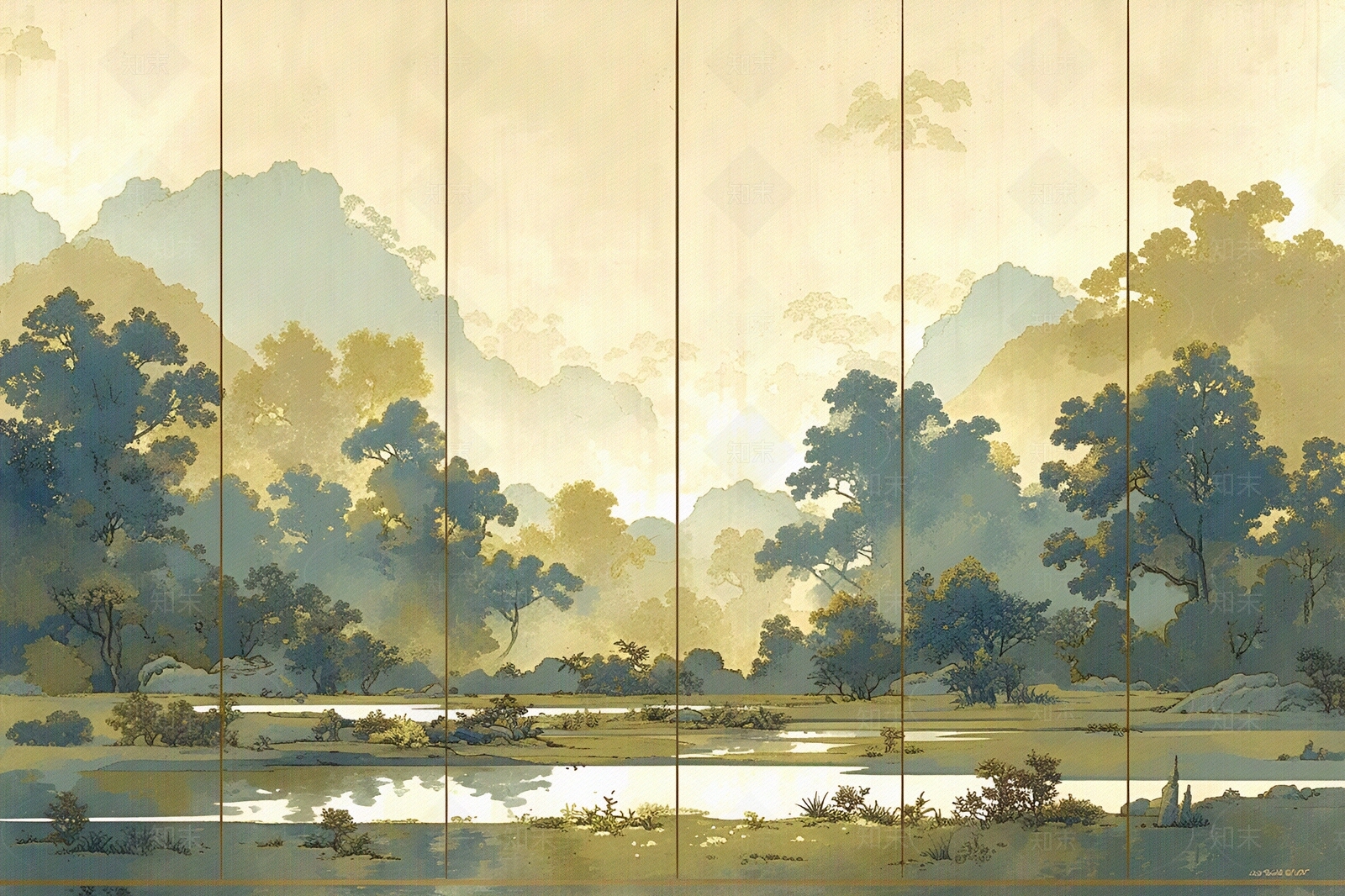 新中式树林艺术壁画硬包贴图下载【ID:1158712601】