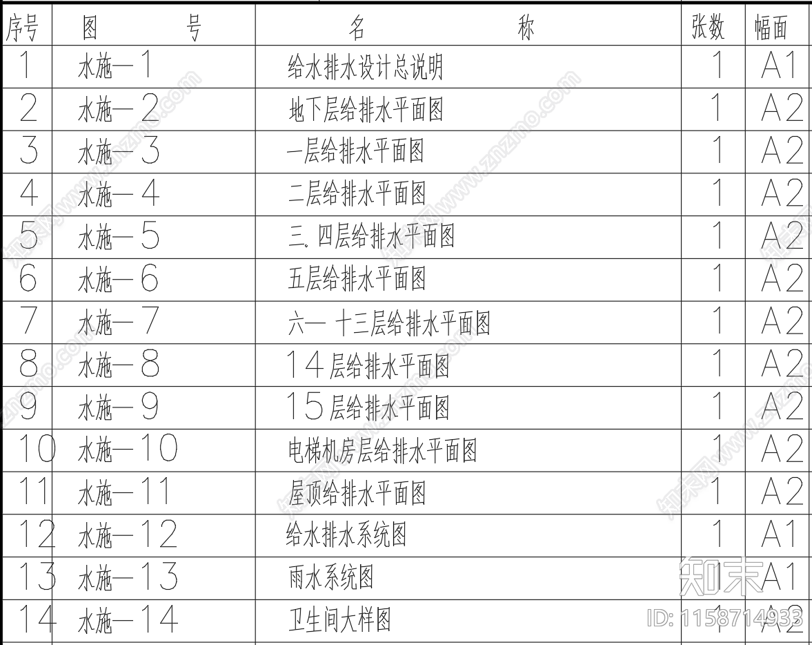 15层住宅楼给排水设计图纸cad施工图下载【ID:1158714933】