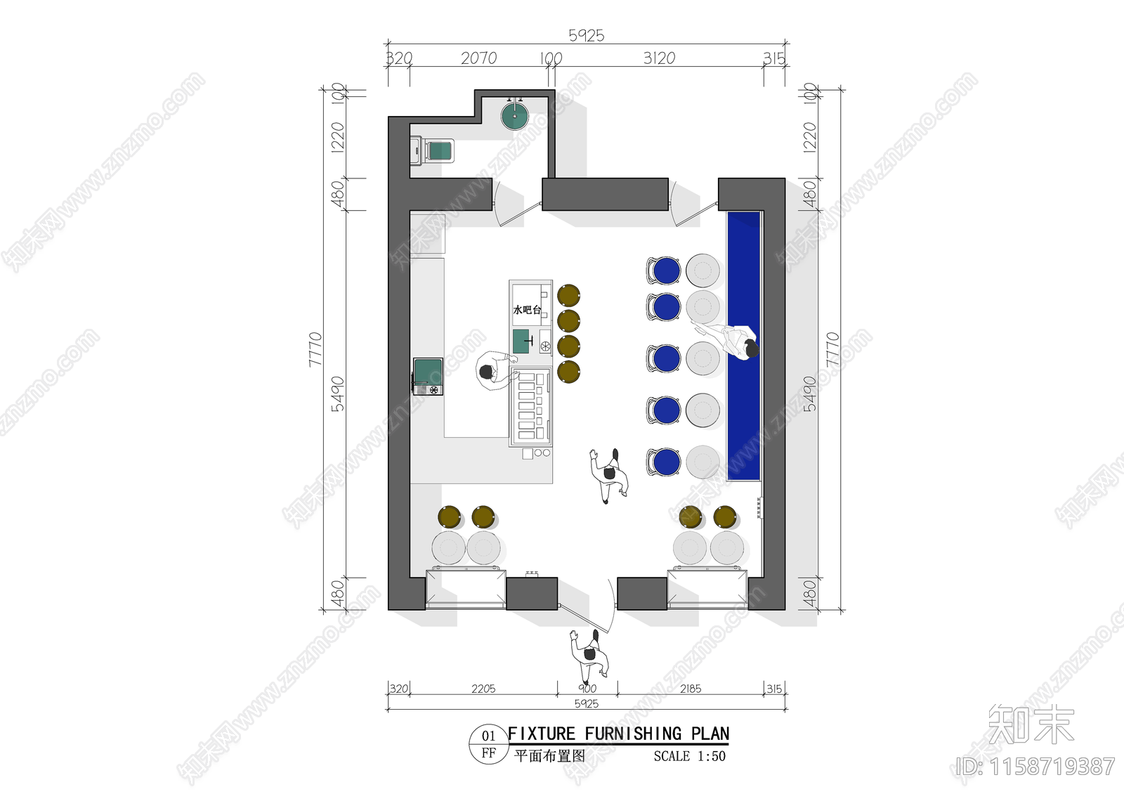 咖啡店奶茶店平面布置图施工图下载【ID:1158719387】