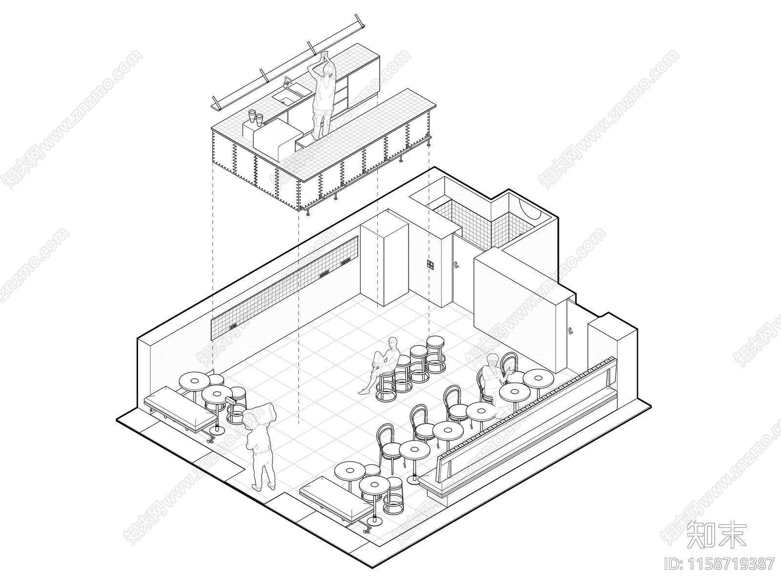 咖啡店奶茶店平面布置图cad施工图下载【ID:1158719387】