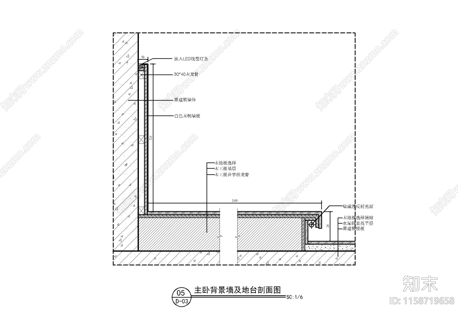 卧室榻榻米床背景墙剖面详图施工图下载【ID:1158719658】