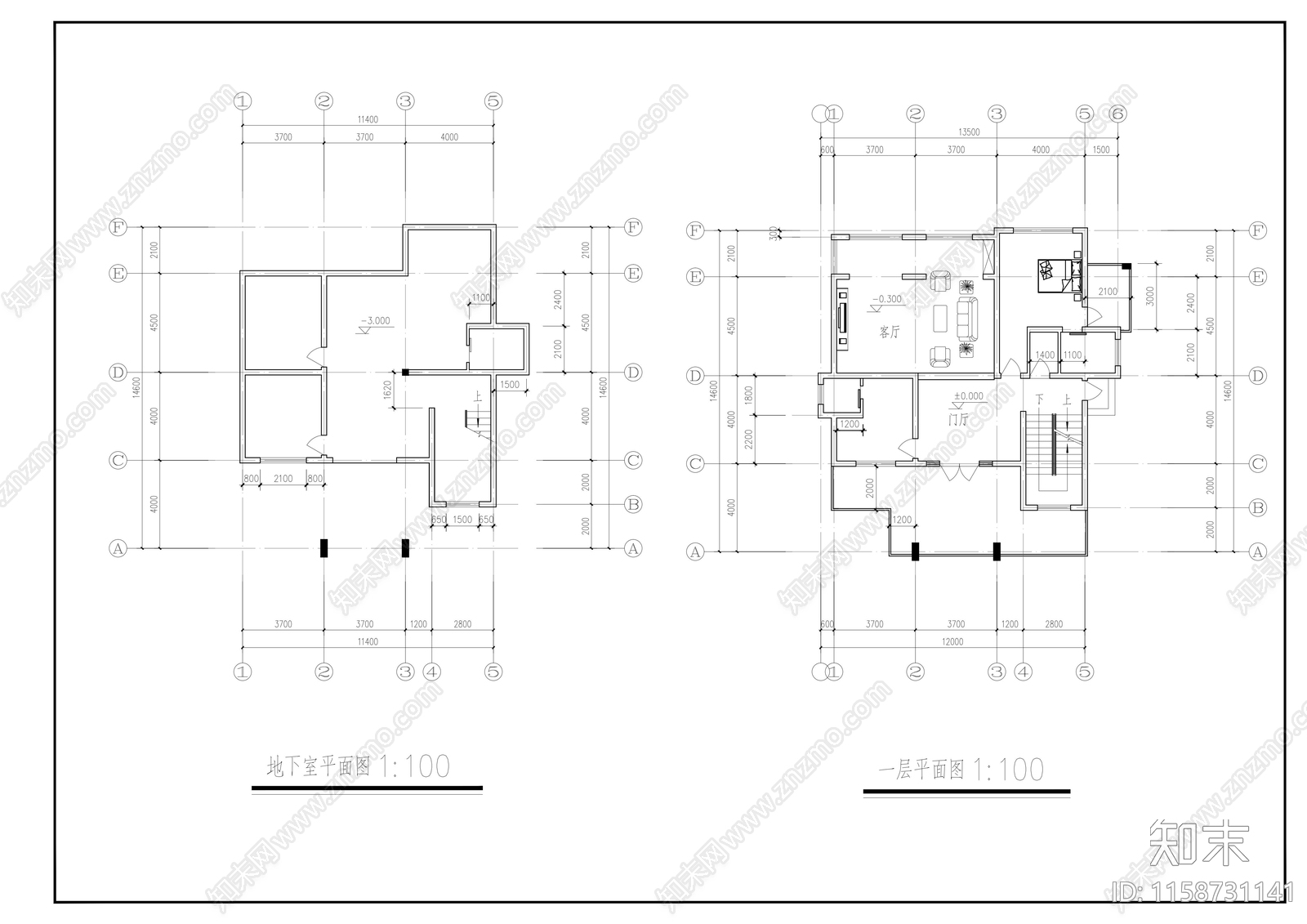 11mx14m三层含地下室别墅建筑施工图下载【ID:1158731141】