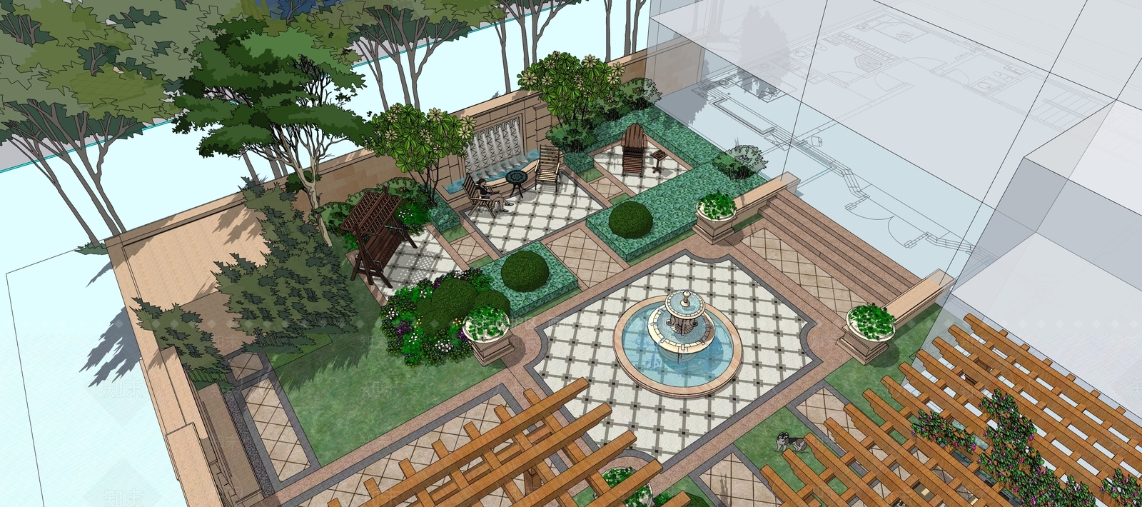 欧式风格庭院景观SU模型下载【ID:1158732058】