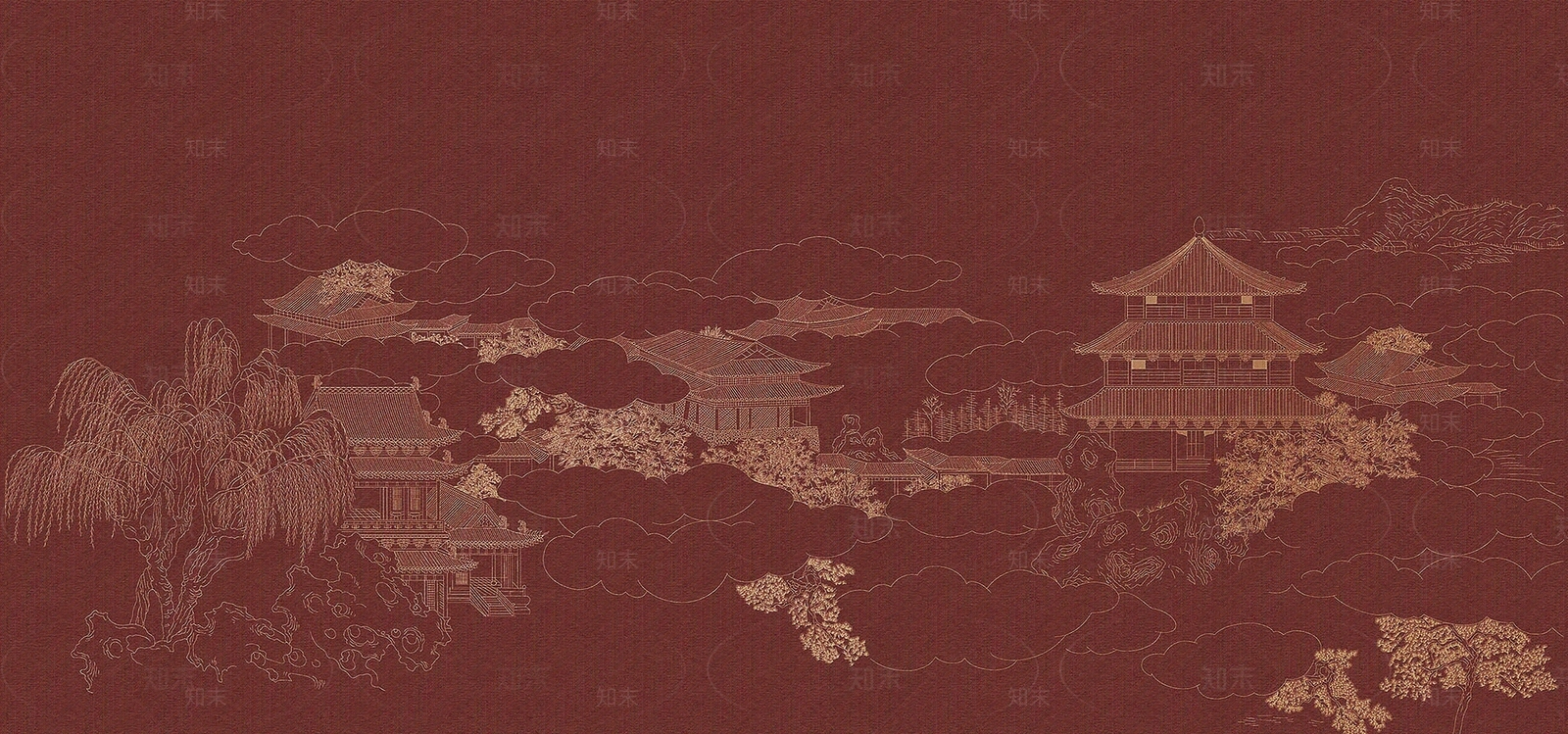 新中式深红色宫阙画壁纸贴图下载【ID:1158738607】