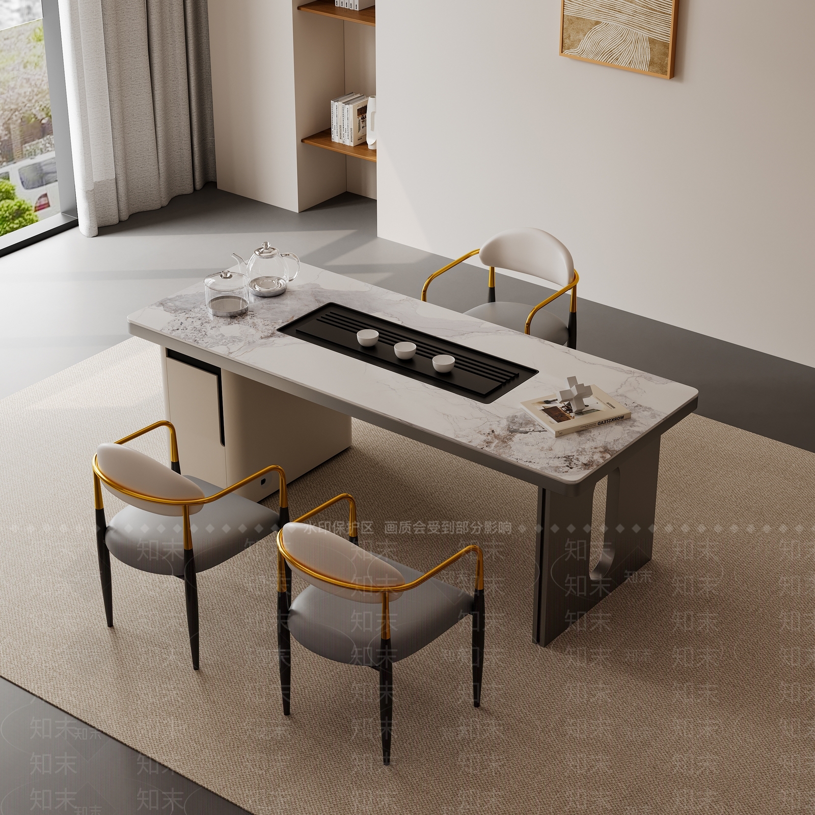 现代岩板茶桌椅组合3D模型下载【ID:1158738428】