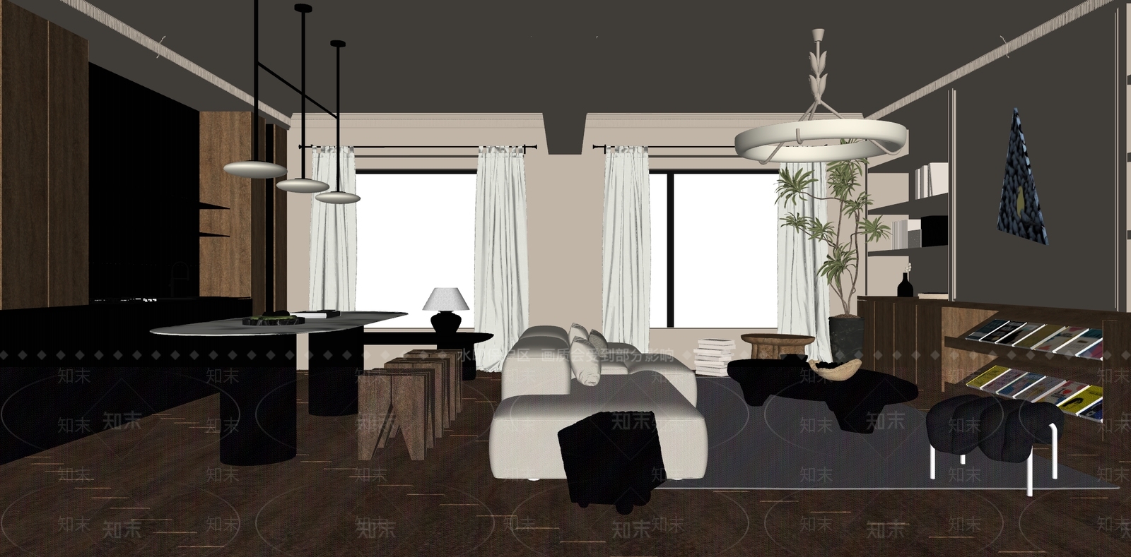 深色底座岛台餐桌SU模型下载【ID:1227288550】