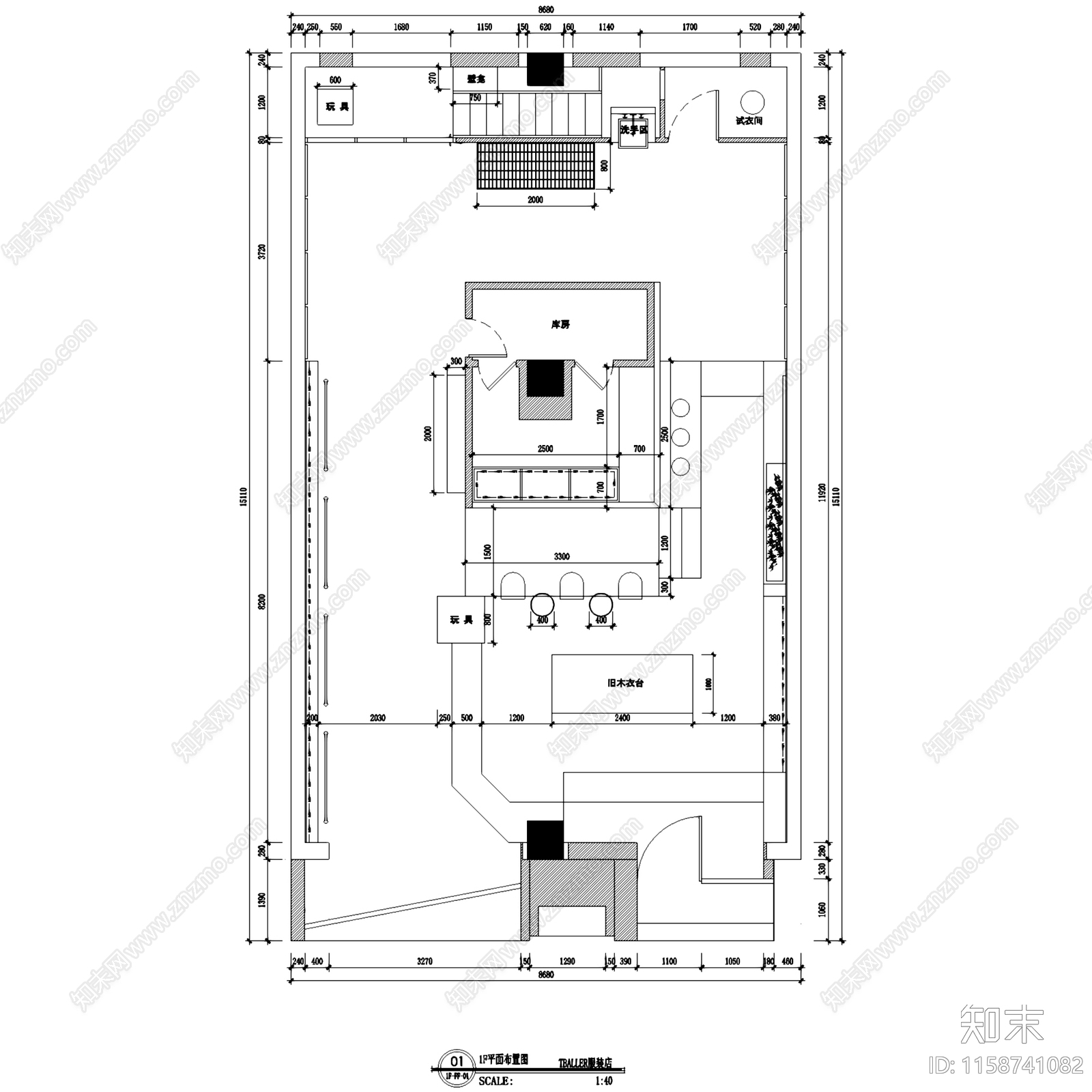 工业现代包头TBALLER潮牌二层服装店室内工装cad施工图下载【ID:1158741082】