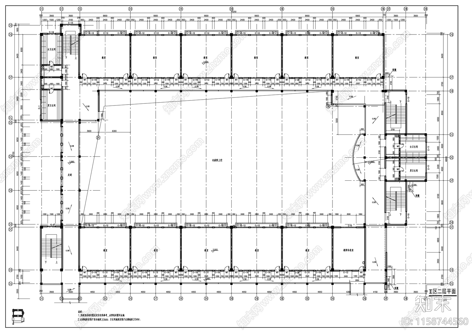 某回字形现代教学楼建筑cad施工图下载【ID:1158744560】