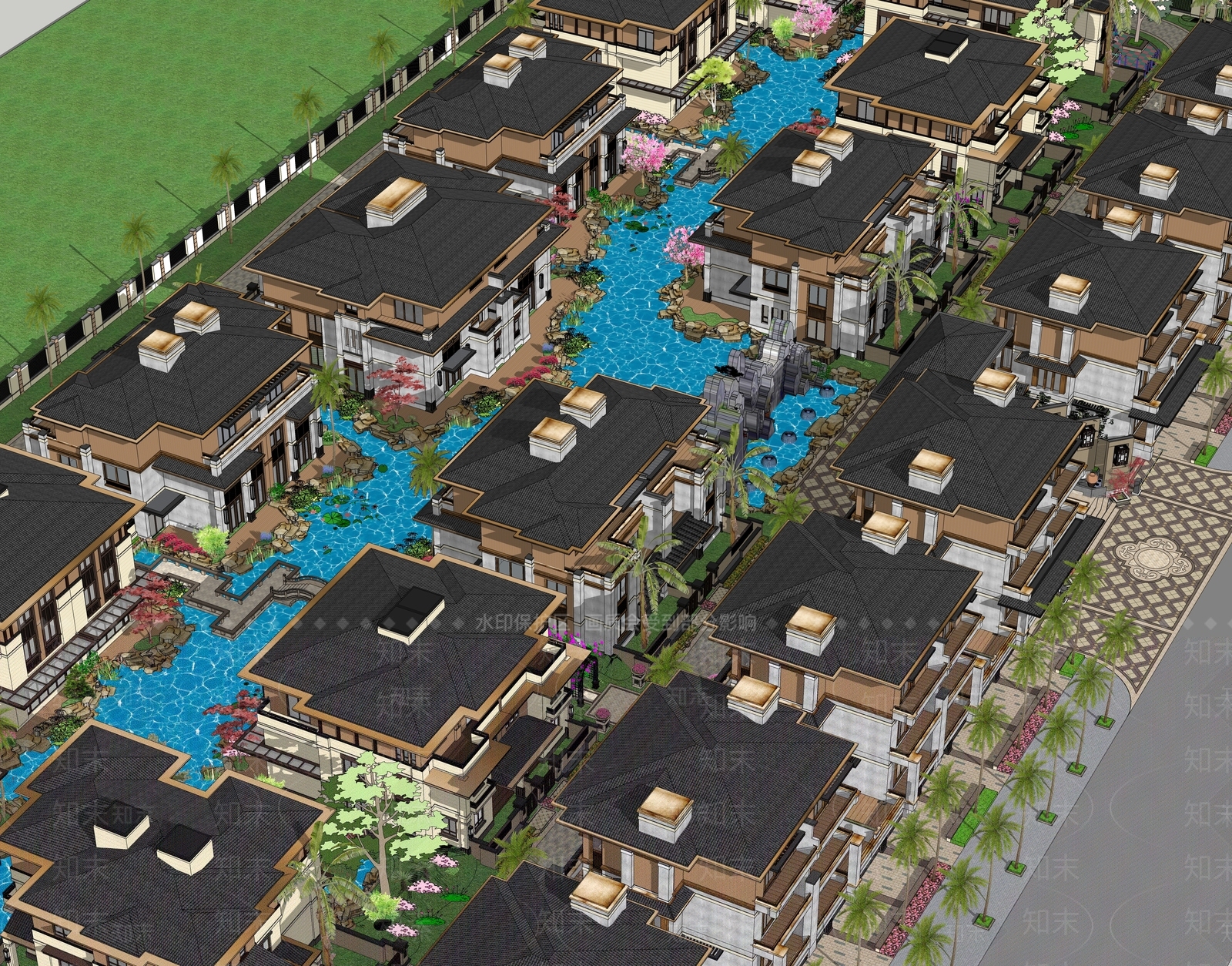 新中式滨水独栋别墅区SU模型下载【ID:1158747739】
