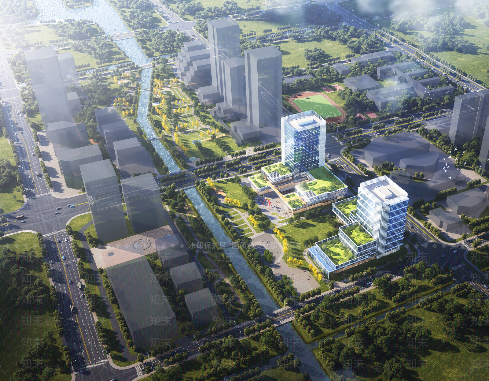 现代滨水空间城市鸟瞰设计规划SU模型下载【ID:1158757889】