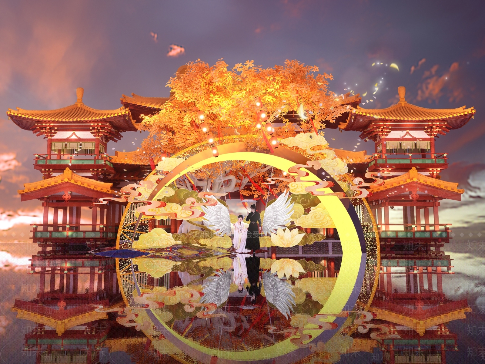 新中式网红打卡国潮古风灯会月亮神树秋千SU模型下载【ID:1158762908】