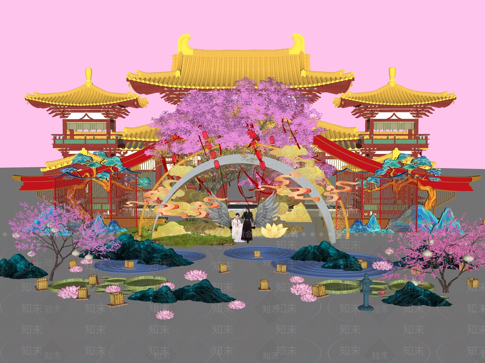 新中式网红打卡拍照国潮古风灯会月亮神树秋千美陈SU模型下载【ID:1158772643】