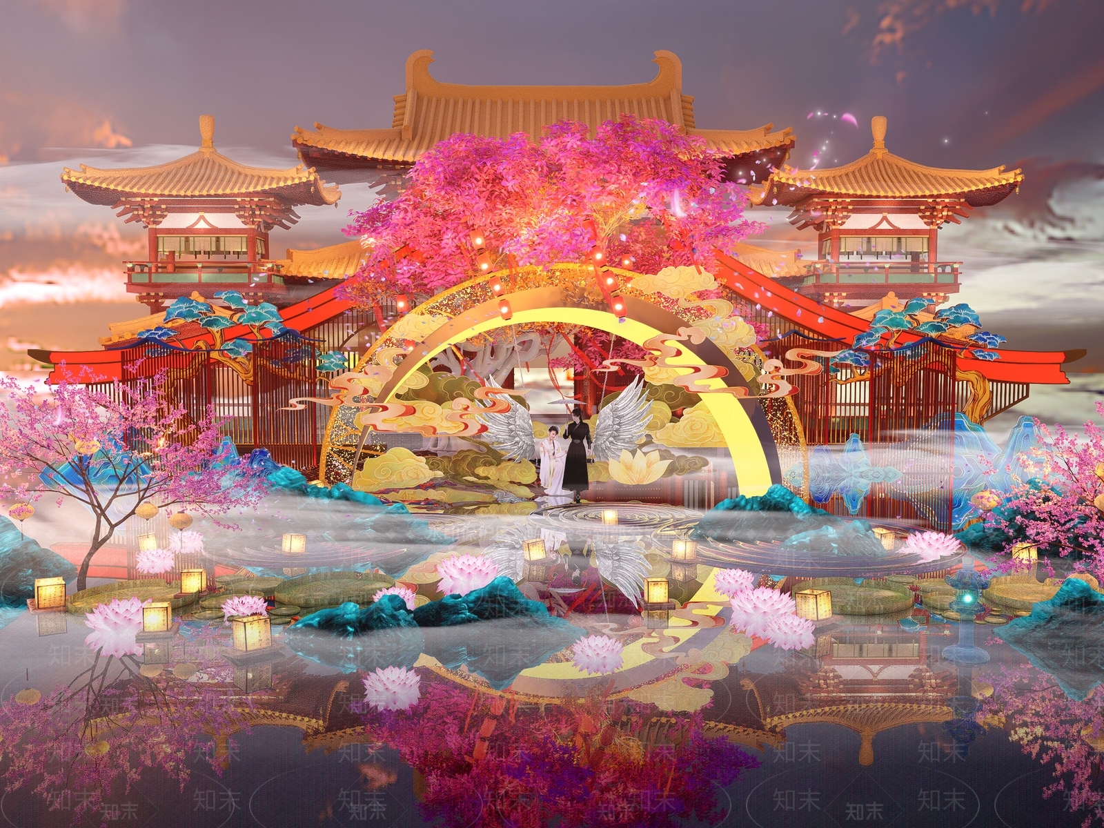 新中式网红打卡拍照国潮古风灯会月亮神树秋千美陈SU模型下载【ID:1158772643】