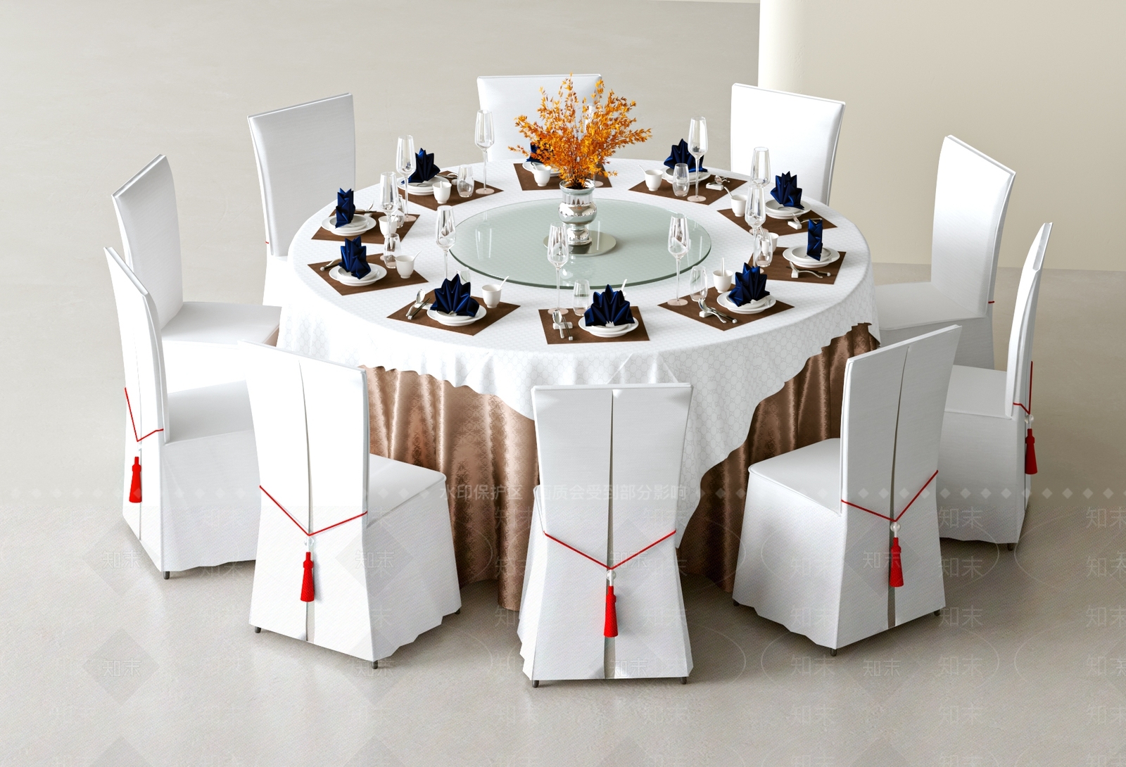 新中式宴会厅餐桌椅组合3D模型下载【ID:1158773529】