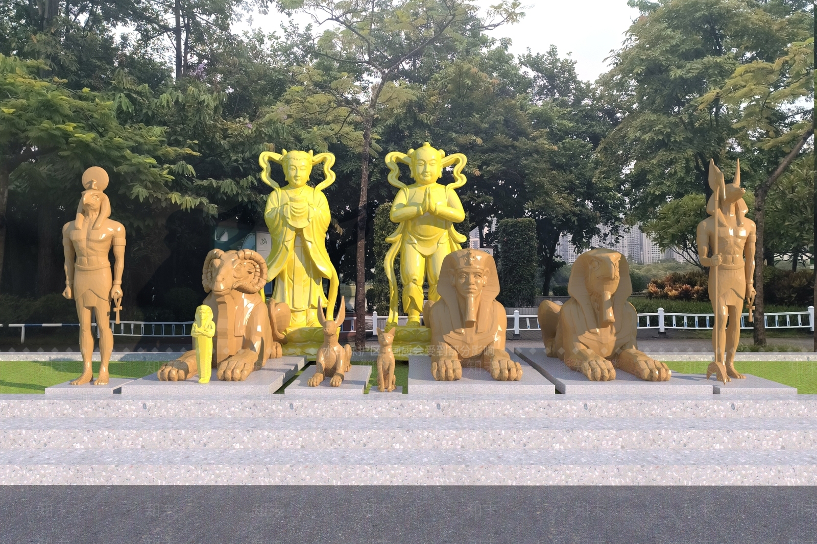 中式古代雕塑小品狮身人面像组合3D模型下载【ID:1158779415】