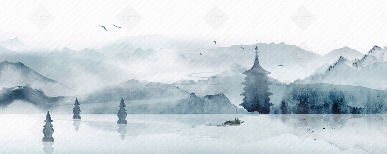 新中式山水壁纸壁画贴图下载【ID:1158794972】