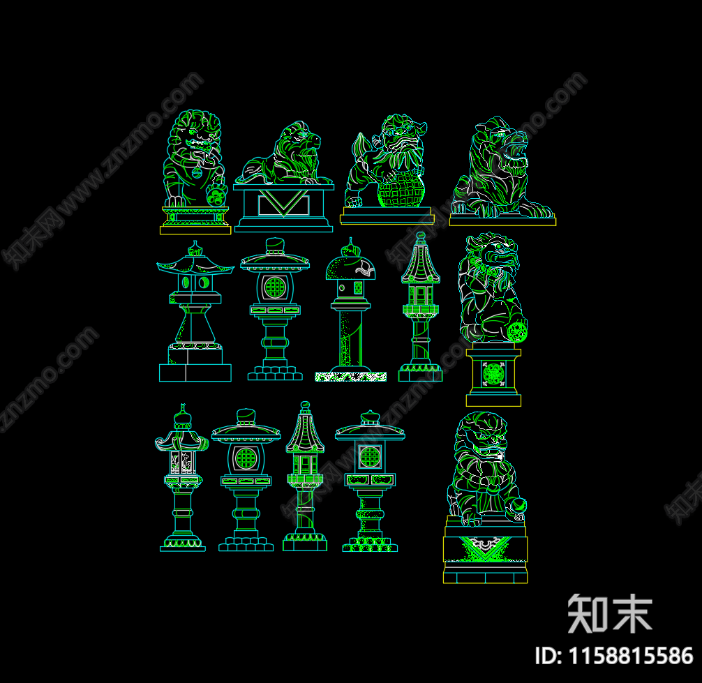 石狮雕塑石灯小品cad施工图下载【ID:1158815586】