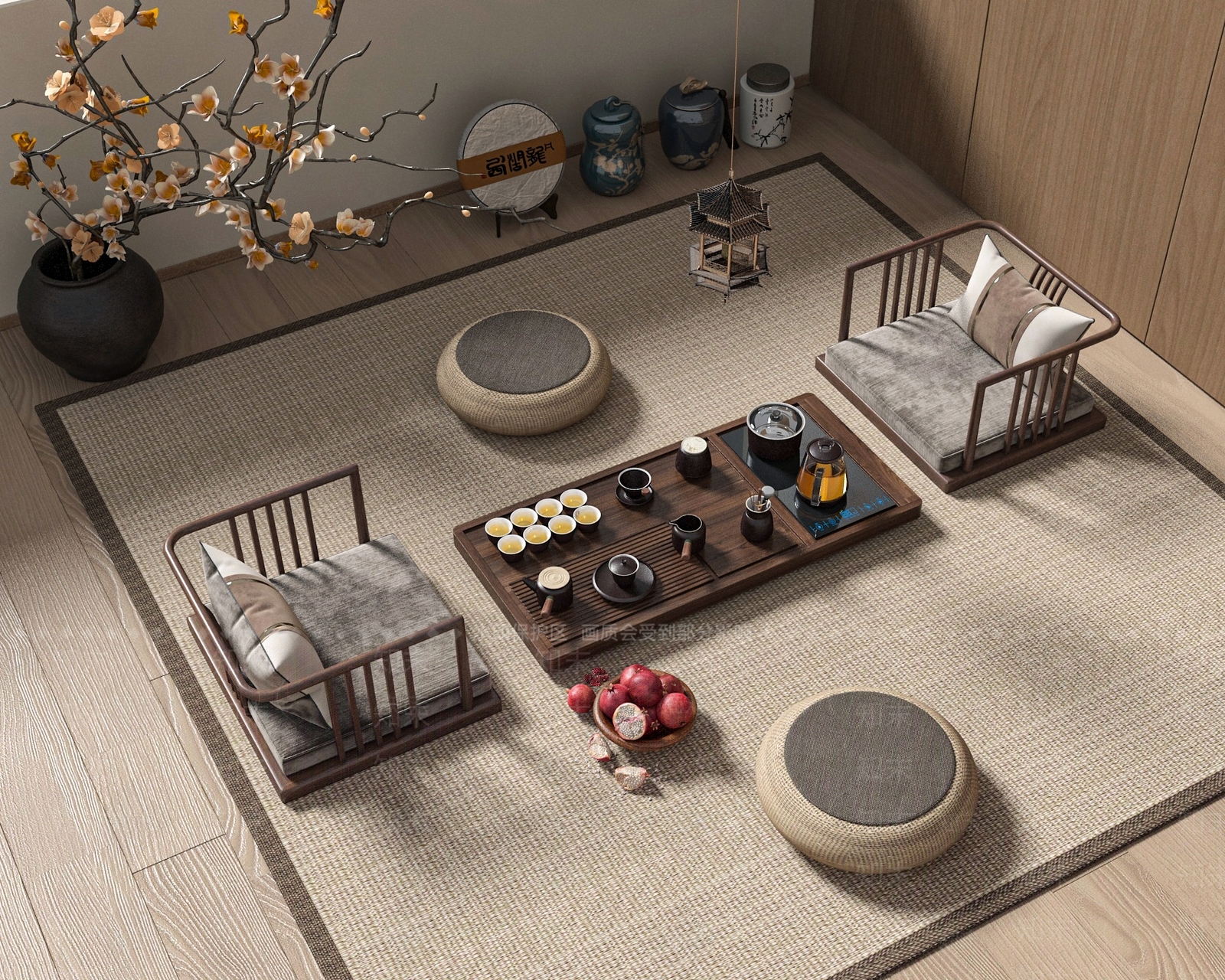 新中式榻榻米茶室茶桌椅茶台茶叶用品3D模型下载【ID:1158816063】