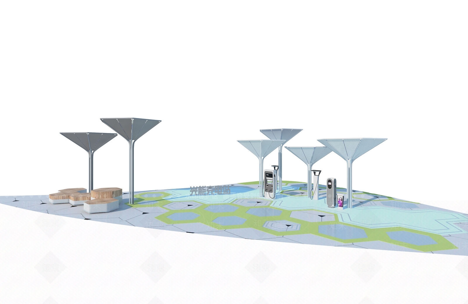 现代户外遮阳棚廊架停车棚充电桩光能充电站座椅3D模型下载【ID:1158824745】
