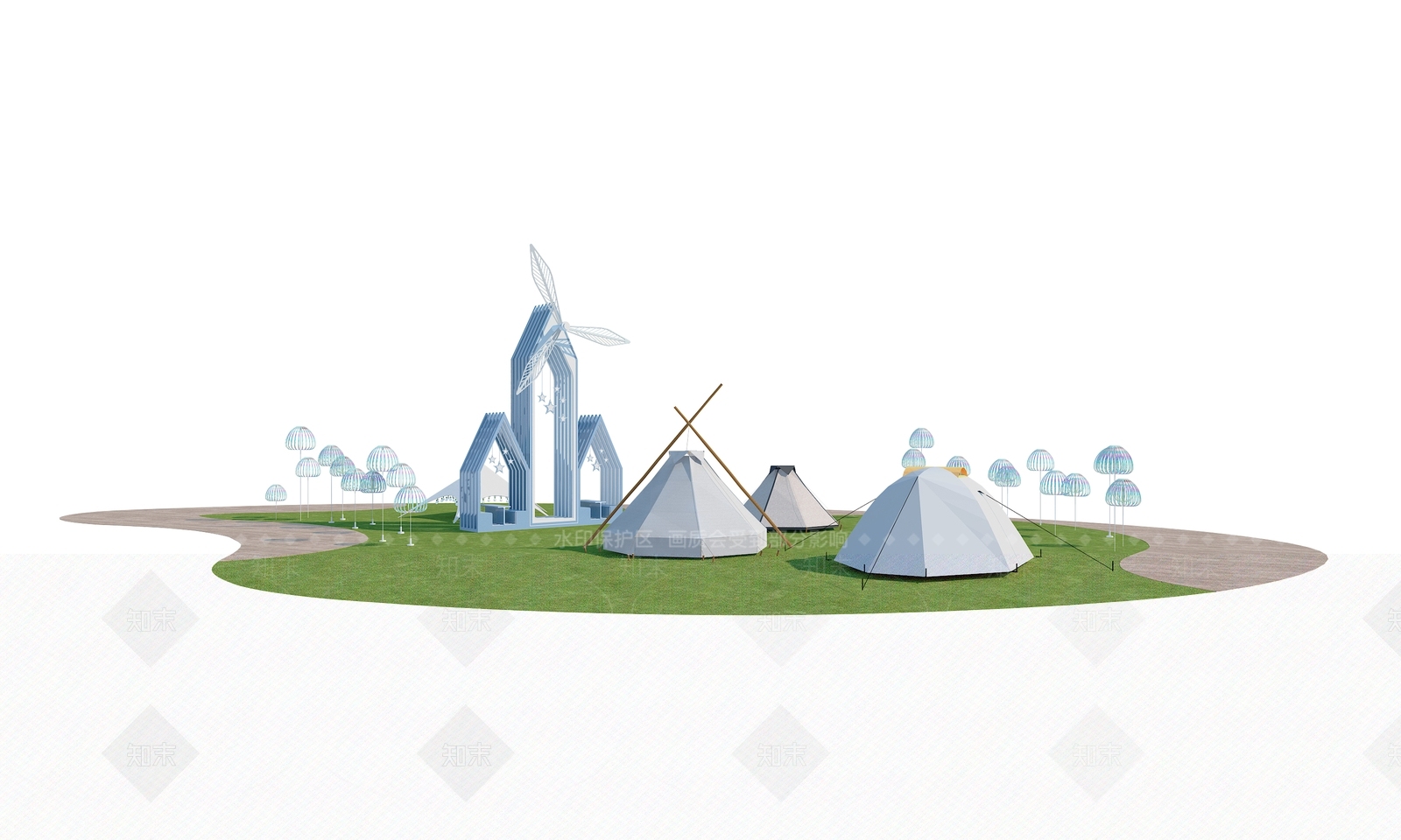 现代公园小品露营帐篷三角帐篷风车景观小品露营公园景观帐篷3D模型下载【ID:1158828002】