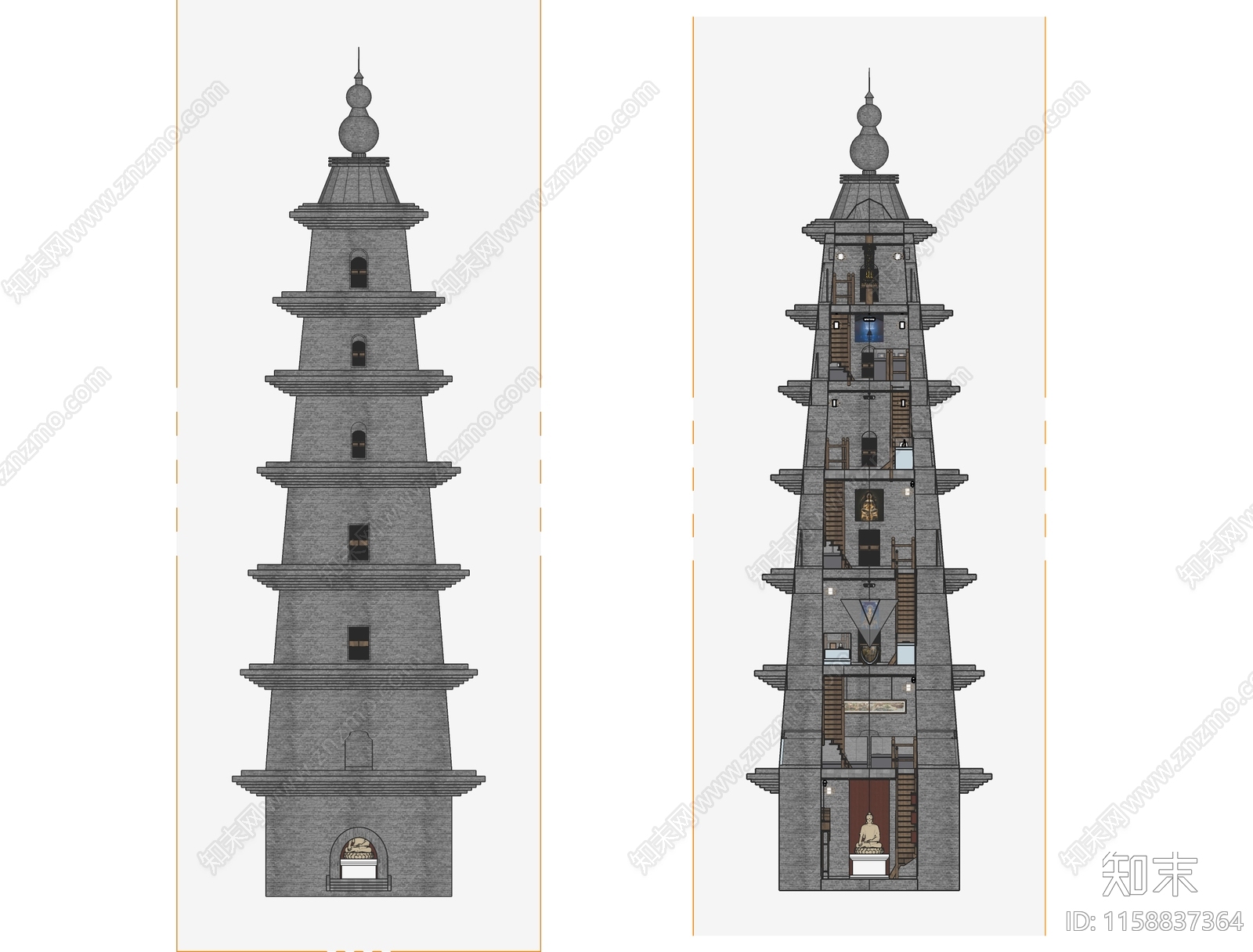 中式古庙佛塔3D模型下载【ID:1158837364】