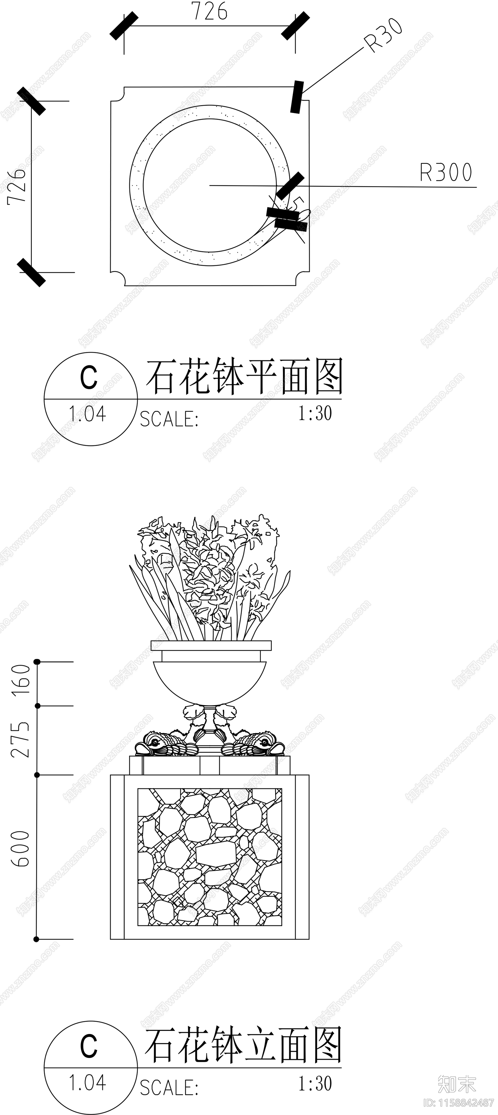 石花钵详图cad施工图下载【ID:1158842487】