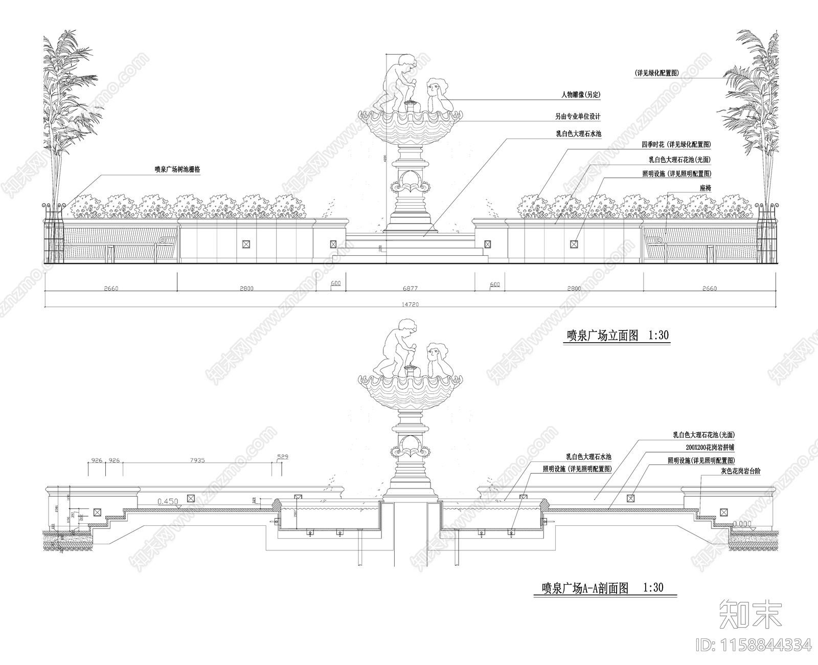 欧式喷泉剖立面施工图下载【ID:1158844334】